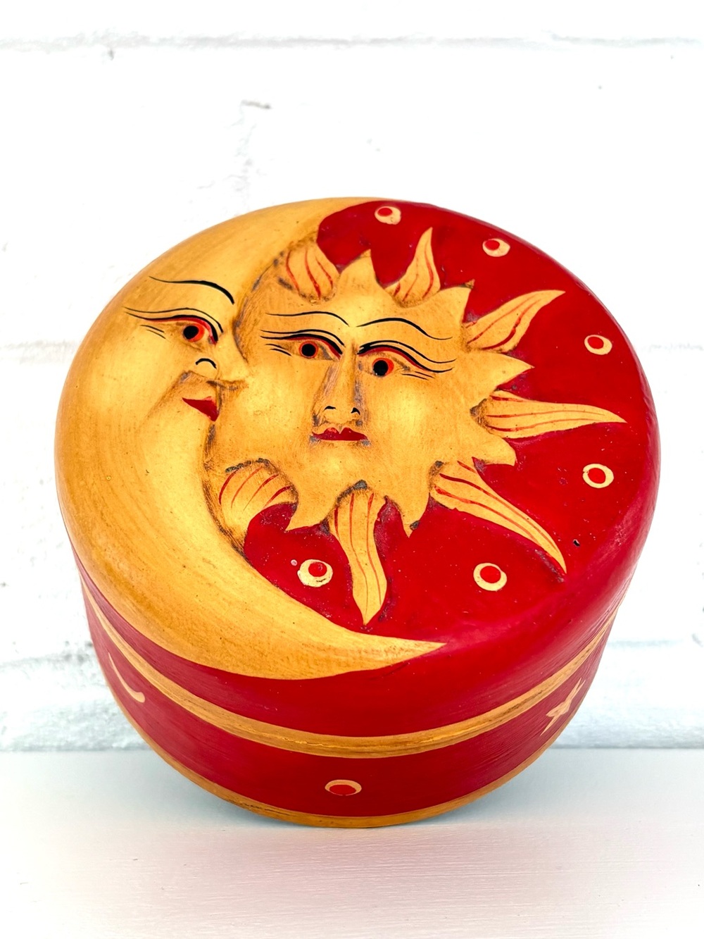 Astronomy Painted Sun and Moon Red  Yellow Wood Round Trinket Box